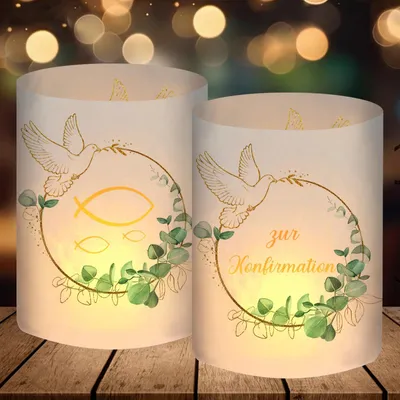 12 Windlichter Tafeldeko, Vormsel Eukalyptus Grün, Gastgeschenke