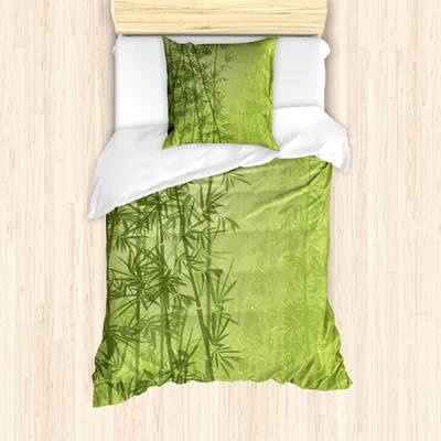 Produktbild von ABAKUHAUS Exotisch Bettbezug Set, Tropischer Wald Regenwald Dschungel Paradies Ökologie Feng Shui Spa, 135 x 200 cm + 80 x 80 cm, Grün Farngrün