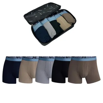 Produktbild von CR7 Boxershorts 5er-Pack – Grau, Blau, Schwarz & Braun + e Reisetasche aus Baumwolle