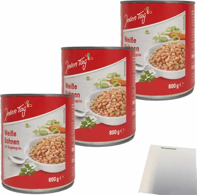 Produktbild von Jeden Tag Weiße Bohnen mit Suppengrün 3er Pack (3x800g Dose) + usy Block