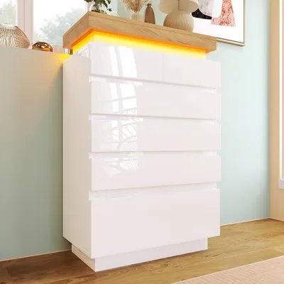 Produktbild von Kommode Weiß Hochglanz mit 6 Schubladen und LED Beleuchtung 115x73x39cm