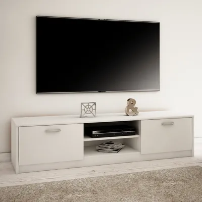 Produktbild von TV-Schrank 160cm breit Lowboard mit matter Oberfläche Fernsehtisch mit 2 Türen und 2 Regalen, aus laminiertem Board weiß