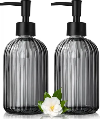 Productafbeelding van Zeepdispenser - 425 ml zwart glas - 2 stukken met pomp - Moderne gestreepte vloeibare zeepdispenser voor badkamer en keuken