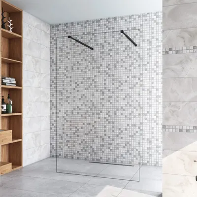 Produktbild von 77.7x200cm+ mit 2  73-120cm Schwarz Stabilisator 8mm Nano Sicherheitsglas Walk in Duschwand Duschabtrennung