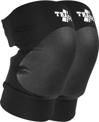 A pair of black volleyball knee pads with a textured protective pad on the front and the brand logo on the top.