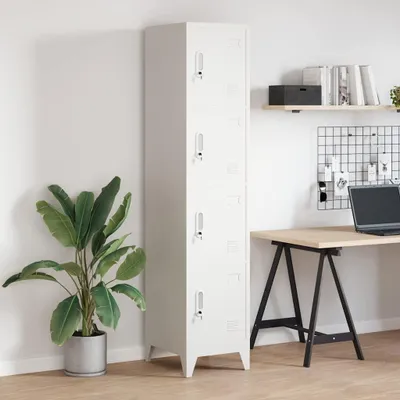 A white four-tier locker cabinet is shown in a room with a plant and a desk.