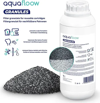 A product image displaying a bottle of filter granulate and a pile of the granulate itself, along with graphical representations of its benefits.