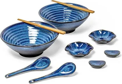 Immagine prodotto di Set da ramen in Vetroceramica, blu, 2 ciotole, bacchette, cucchiai