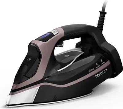 A studio shot of a steam iron on a white background.