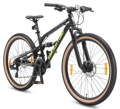 Produktbild von BIKESTAR Vollgefedert Aluminium Mountainbike 26 Zoll, 21 Gang Shimano Schaltung mit Scheibenbremse | 16 Zoll Rahmen Fully MTB Erwachsenen- und Jugendfahrrad | Schwarz