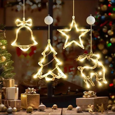 Produktbild von Weihnachtsbeleuchtung für Fenster, 4 Stück LED-Weihnachtsdekoration für den Innenbereich, batteriebetriebene Fensterbeleuchtung mit Saugnäpfen, warmweißes Lichtvorhang