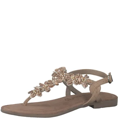 Produktbild von MARCO TOZZI Damen Sandale Zehentrenner T-Riemen Leder Blumen Perlen 2-28148-20, Größe:37 EU, Farbe:Beige