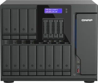 Produktbild von QNAP TVS-AIH1688ATX-U7-32G NAS & Speicherserver Tower 32 GB DDR5 0 TB QuTS hero Schwarz