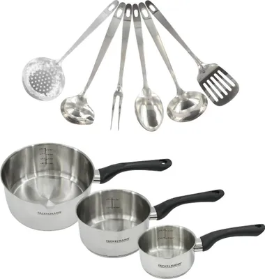 Image de Set 3 casseroles 12 16 et 20 cm en inox et 6 ustensiles inox Fackelmann Geneva