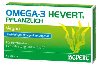 Produktbild von Omega-3 Hevert pflanzlich für eine gesunde Herzfunktion, Gehirnleistung und Sehkraft, 60 St. Kapseln