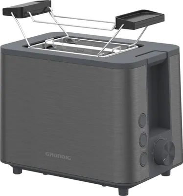 A studio shot of a dark gray toaster.