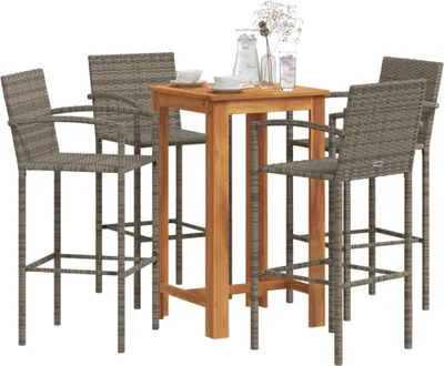 Produktbild von "2026 Promotion" 5-tlg. Gartenbar-Set Grau Massivholz Akazie und Poly Rattan - Gartenmöbelset CC15811
