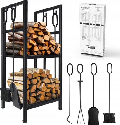 Zdjęcie produktu dla Stojak na drewno kominkowy z narzędziami 80kg stalowy czarny +Akcesoria