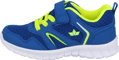 A side view of a single blue and yellow sneaker.
