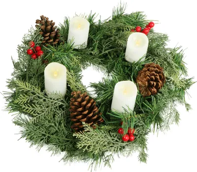 Produktbild von Künstlicher Adventskranz 40 cm mit 4 LED-Kerzen echten Zapfen und roten Beeren geschmückt