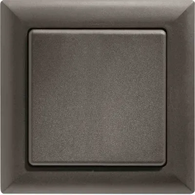 A close-up, front-facing view of a single, modern, anthracite-colored light switch with a square rocker button, set against a plain gray background.