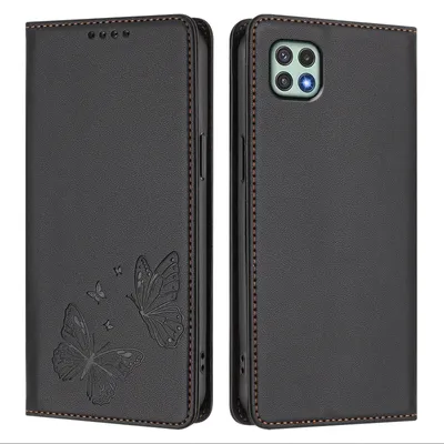 Produktbild von Lederhülle für Samsung Galaxy A22 5G, Schmetterling Prägung Leder Brieftasche Schutzhülle mit Ständer Schwarz