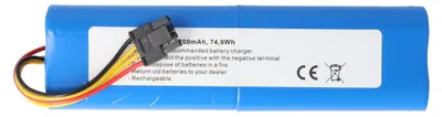 A close-up view of a blue battery pack with wires and a connector.
