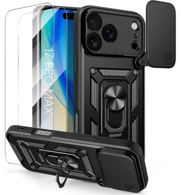 Image de Coque + 2 Verres Trempés pour iPhone 17 Pro Max, Rigide avec Anneau et Protection Caméra Coulissante - Noir