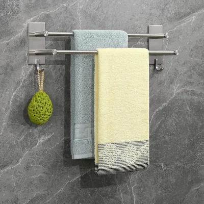 Produktbild von Handtuchhalter, Doppel – Handtuchstange für das Badezimmer – Platzsparend – Selbstklebend, ohne Bohren – 435 cm – Silber