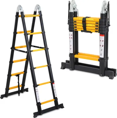 Produktbild von Jopassy Teleskopleiter Alu Leichtgewicht Rutschfester 2,5m + 2,5m schwarz Multifunktionsleiter Mehrzweckleiter Ausziehbare Leiter 15 Stufe Stehleiter aus Hochwertigem Aluminium Belastbarkeit 150KG