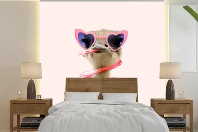 Produktbild von MuchoWow® Fototapete für Wohnzimmer oder Schlafzimmer Wandtapete Vinyl Motivtapete Strauß - Sonnenbrille - Rosa - Tiere - 350x350 cm - Schlafzimmertapete