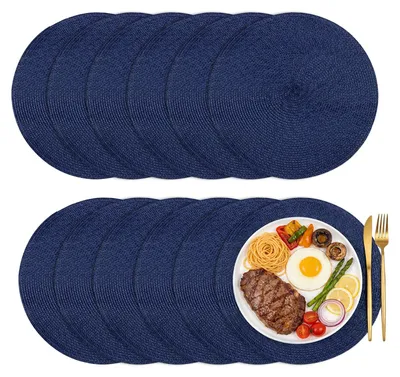 Tischsets, 12 Stück, rund, 38 cm, blau, gewebt, hitzebeständig