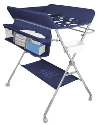 Immagine prodotto di Tavolino fasciatoio pieghevole 3-in-1 con ruote, colore blu navy, dimensioni 80 x 58 x 90 cm