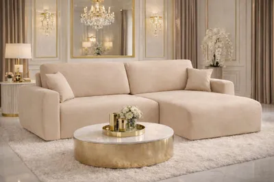 Produktbild von Kaiser Möbel Ecksofa mit Schlaffunktion und Bettkasten, Ariel L-Form Velours Sofa, Stoff Salvador, Beige, Rechts