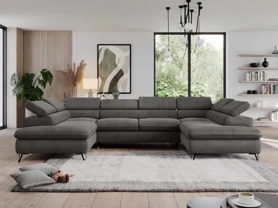 Produktbild von Wohnzimmersofa mit Schlaffunktion, U-form, verstellbare Kopfstützen, Bettkasten - PEDRO U - Velvet - Dunkelgrau