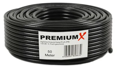 Produktbild von PremiumX 50m PROFI Koaxialkabel Schwarz 135dB 4-fach geschirmt REINES KUPFER