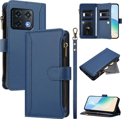 Obrázek produktu pro Pouzdro pro OnePlus 10 Pro, zipem, peněženkovéPolyuretankožené flip pouzdro s kapsami na karty, stojánkem a poutkem na ruku modrý