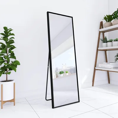 Obrázek produktu pro Celoplošné zrcadlo 162 x 53 cm, volně stojící, závěsné nebo opřené, velké podlahové zrcadlo s černým rámem z hliníkové slitiny do obývacího pokoje nebo ložnice, obdélníkové