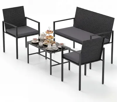 Immagine prodotto di Set da giardino KOMFOTTEU, composto da 4 pezzi: sedie in rattan, divanetto a due posti con tavolino in vetro. Set da esterno con struttura in metallo, cuscini imbottiti, ideale per terrazzi, giardini, piscine e balconi