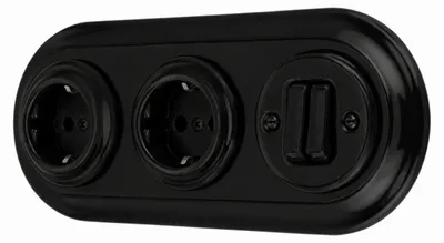 Produktbild von Unterputz Porzellan Retro Steckdose, Doppelschalter, 3-fach, All-in-One, SET Serie PR1 schwarz