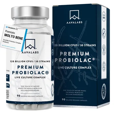 Immagine prodotto di Aavalabs Probiotici Premium | 30 ceppi e 120 miliardi di UFC per la salute intestinale | 90 capsule