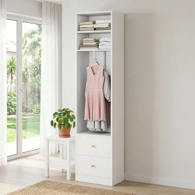 Obrázok produktu pre Biela šatníková skriňa, 2 zásuvky, 1 tyč na vešanie, 1 polička, 50x30x200 cm, úzka skriňa