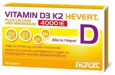 Obrázok produktu pre Vitamín D3 K2 Hevert + vápnik a horčík.4000 IU Kps. 60 kapsúl