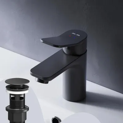 Produktbild von AM.PM Badarmatur mit Pop-Up Ablaufventil für Waschbecken Wasserhahn Bad Schwarz Waschtischarmatur mit Ablaufgarnitur Ventil Ablauf