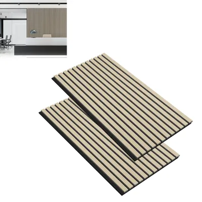 Two acoustic panels are shown in the foreground, with a blurred image of an office reception area in the background.