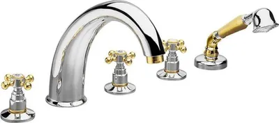 A bathtub faucet with a curved spout and separate hot and cold water controls, along with a handheld showerhead.