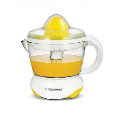 A white and yellow electric citrus juicer filled with orange juice, shown against a white background.