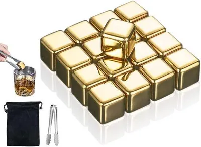 Produktbild von Edelstahl Whisky Steine 16 Stück Gold mit Eisclip