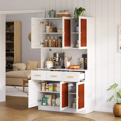 Produktbild von MODFU Küchenschrank Buffetschrank mit Stofftüren & integrierter Steckdose, Beistellschrank mit Massivholzgriffen, Highboard mit LED-Beleuchtung,Rot/Weiß