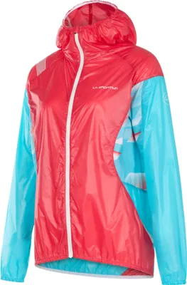 Briza Windbreaker Jkt W von La Sportiva in leuchtendem Rot und Blau; mit Kapuze und Reißverschluss.